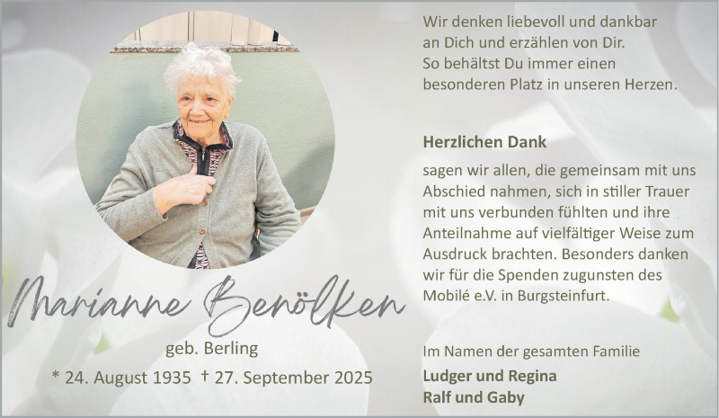  Traueranzeige für Marianne Benölken vom 31.10.2025 aus 