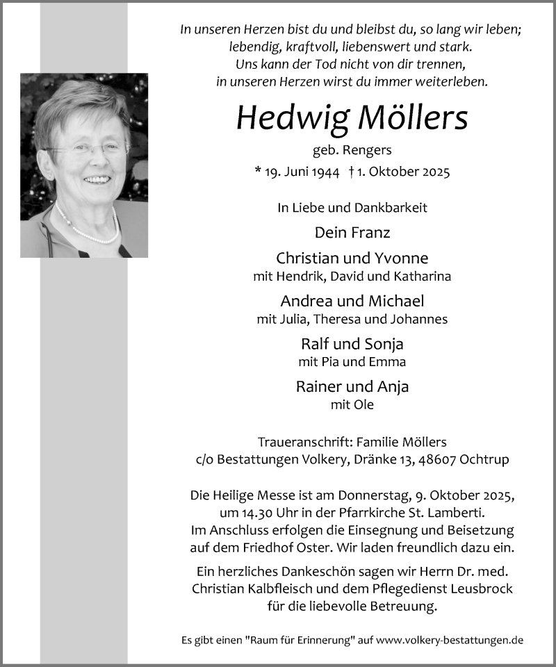  Traueranzeige für Hedwig Möllers vom 06.10.2025 aus 
