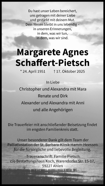 Anzeige von Margarete Agnes Schaffert-Pietsch 