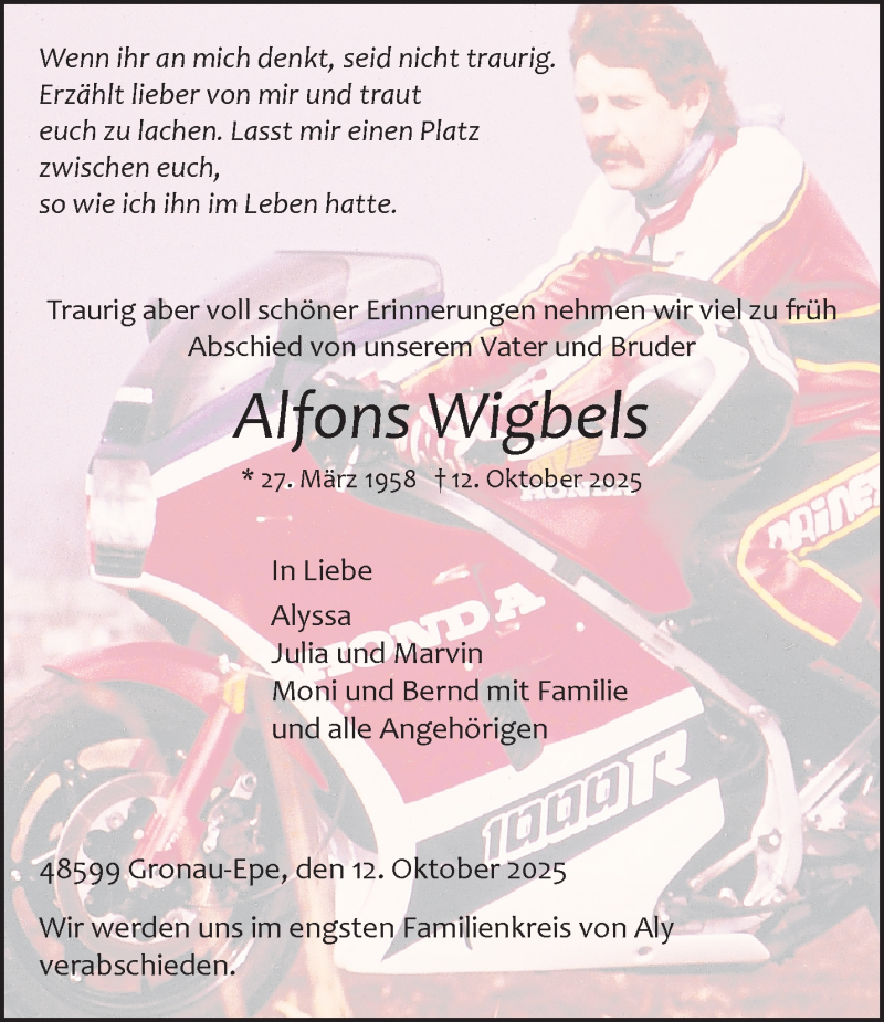 Traueranzeige für Alfons Wigbels vom 20.10.2025 aus 