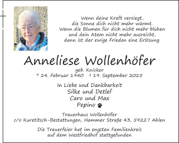 Anzeige von Anneliese Wollenhöfer 