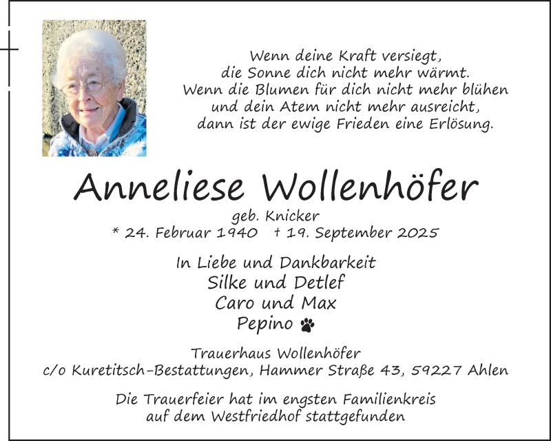  Traueranzeige für Anneliese Wollenhöfer vom 11.10.2025 aus 