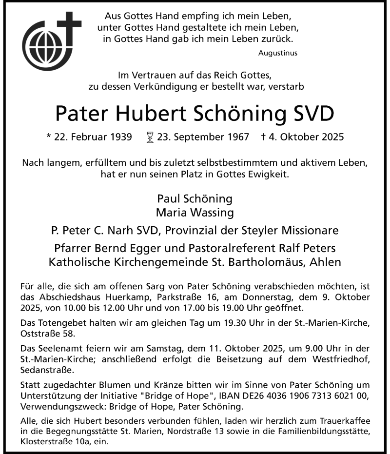  Traueranzeige für Hubert Schöning vom 08.10.2025 aus 