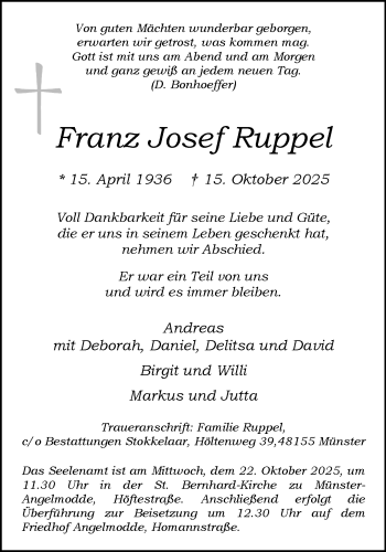 Anzeige von Franz Josef Ruppel 