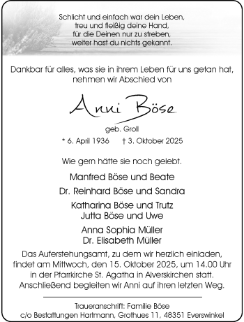 Anzeige von Anni Böse 