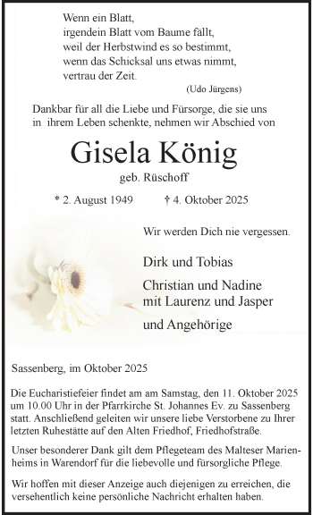 Anzeige von Gisela König 