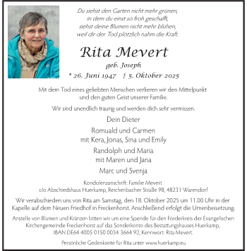 Anzeige von Rita Joseph Mevert 