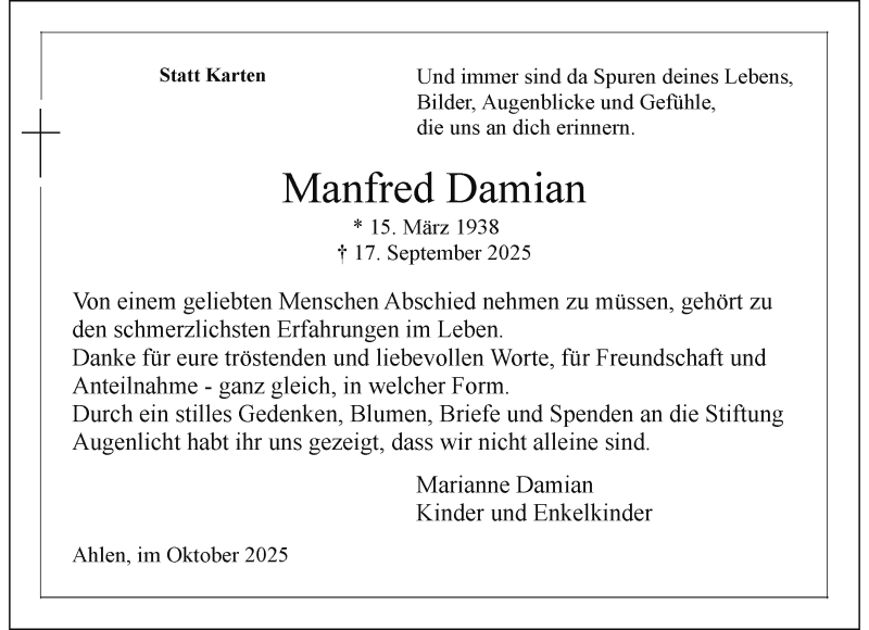  Traueranzeige für Manfred Damian vom 31.10.2025 aus 