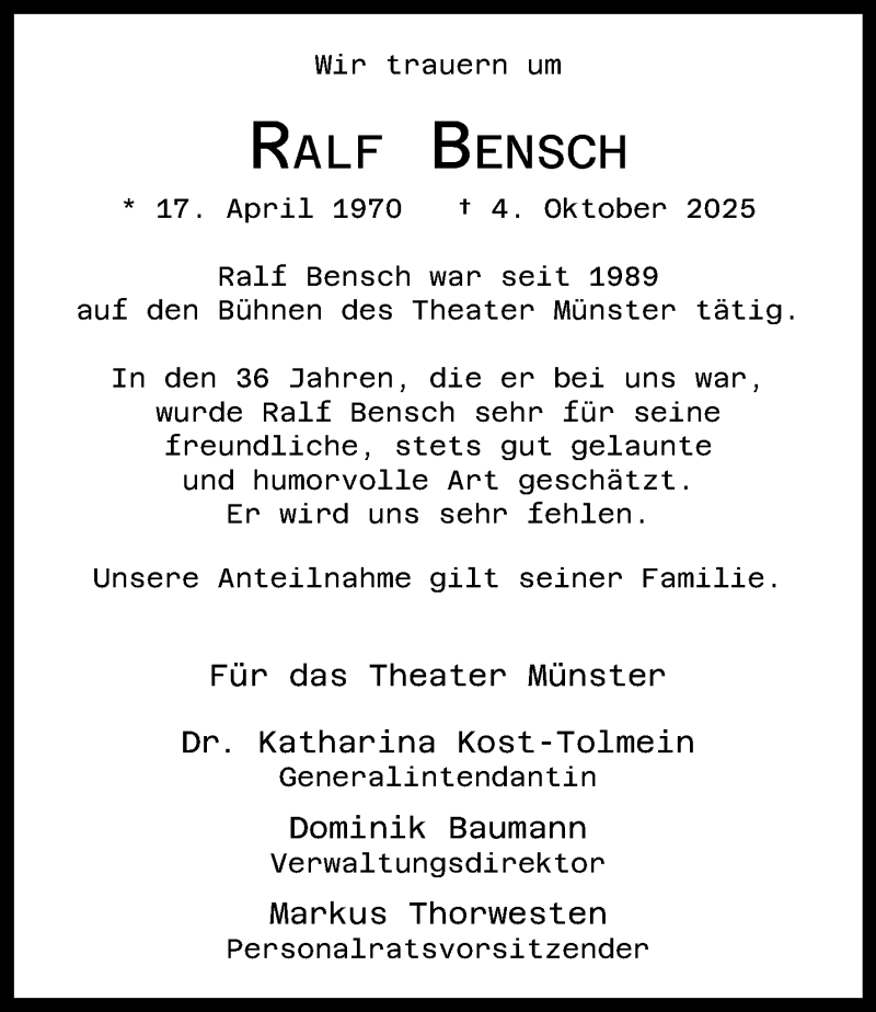  Traueranzeige für Ralf Bensch vom 21.10.2025 aus 