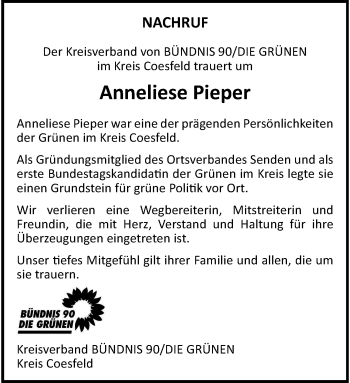 Anzeige von Anneliese Pieper 