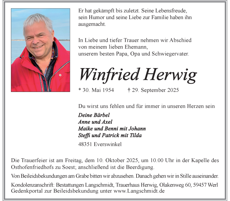  Traueranzeige für Winfried Herwig vom 08.10.2025 aus 
