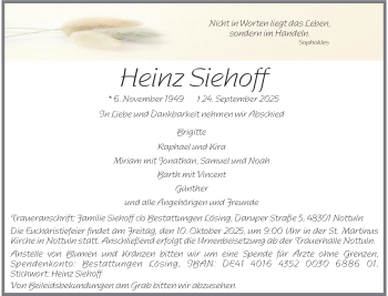 Anzeige von Heinz Siehoff 