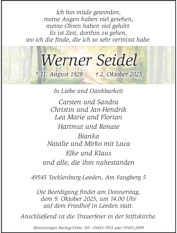 Anzeige von Werner Seidel 