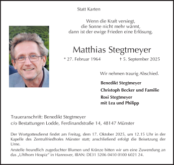Anzeige von Matthias Stegtmeyer 