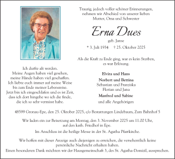 Anzeige von Erna Dues 