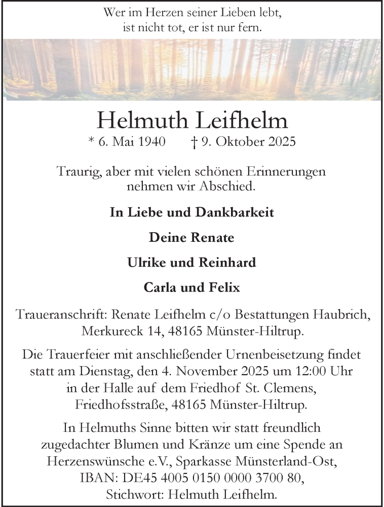  Traueranzeige für Helmuth Leifhelm vom 25.10.2025 aus 