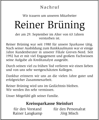 Anzeige von Reiner Brüning 