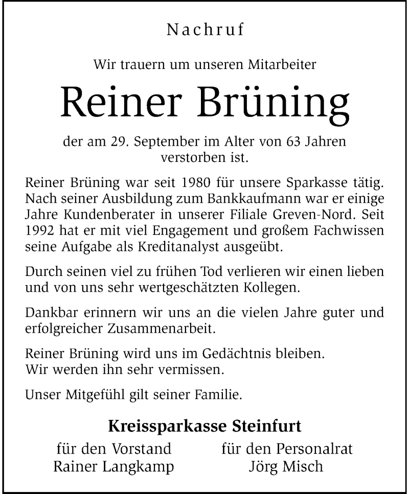  Traueranzeige für Reiner Brüning vom 13.10.2025 aus 
