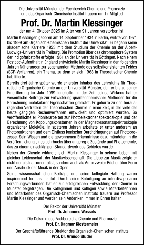  Traueranzeige für Prof. Dr. Martin Klessinger vom 25.10.2025 aus 