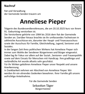 Anzeige von Anneliese Pieper 