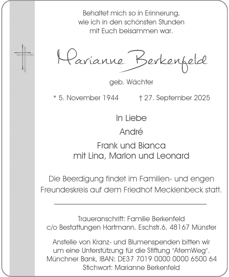  Traueranzeige für Marianne Berkenfeld vom 04.10.2025 aus 