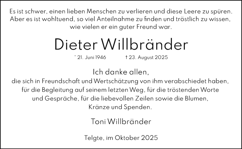  Traueranzeige für Dieter Willbränder vom 11.10.2025 aus 