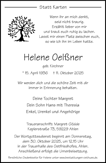 Anzeige von Helene Oelßner 
