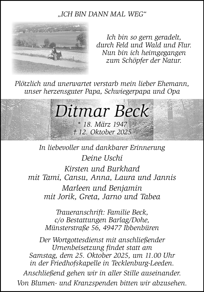  Traueranzeige für Ditmar Beck vom 18.10.2025 aus 