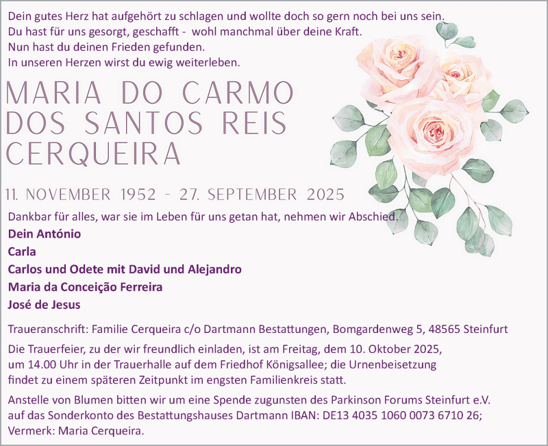  Traueranzeige für MARIA DO CARMO CERQUEIRA vom 08.10.2025 aus 