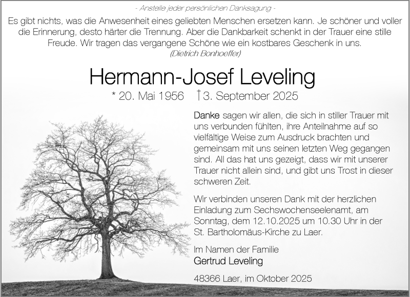  Traueranzeige für Hermann-Josef Leveling vom 04.10.2025 aus 