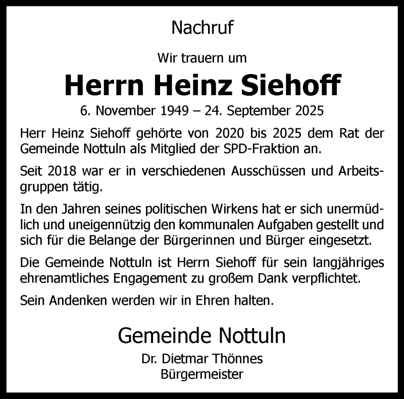  Traueranzeige für Heinz Siehoff vom 10.10.2025 aus 