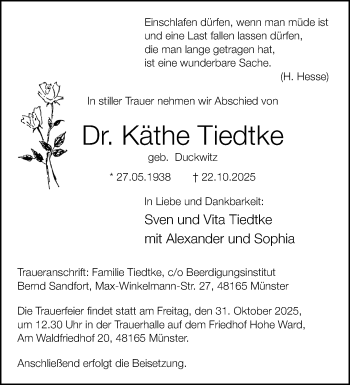 Anzeige von Dr. Käthe Tiedtke 
