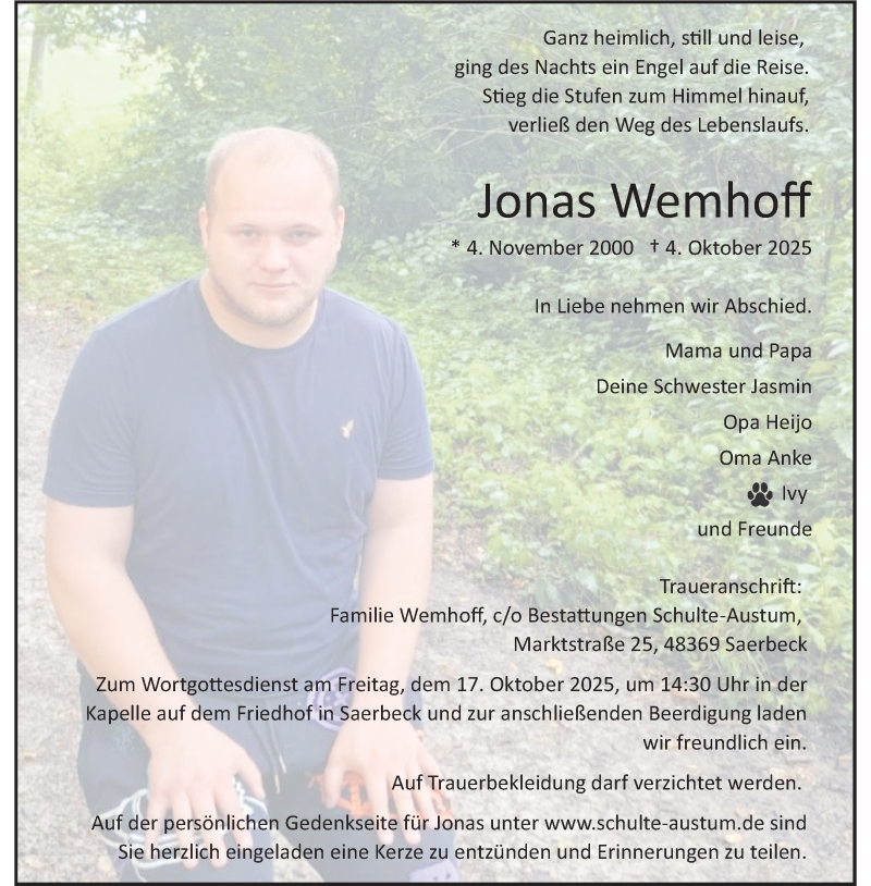  Traueranzeige für Jonas Wemhoff vom 11.10.2025 aus 