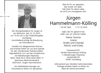 Anzeige von Jürgen Hammelmann-Kölling 