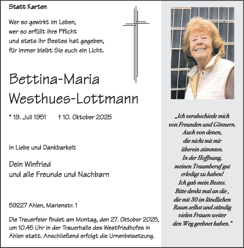  Traueranzeige für Bettina-Maria Westhues-Lottmann vom 18.10.2025 aus 