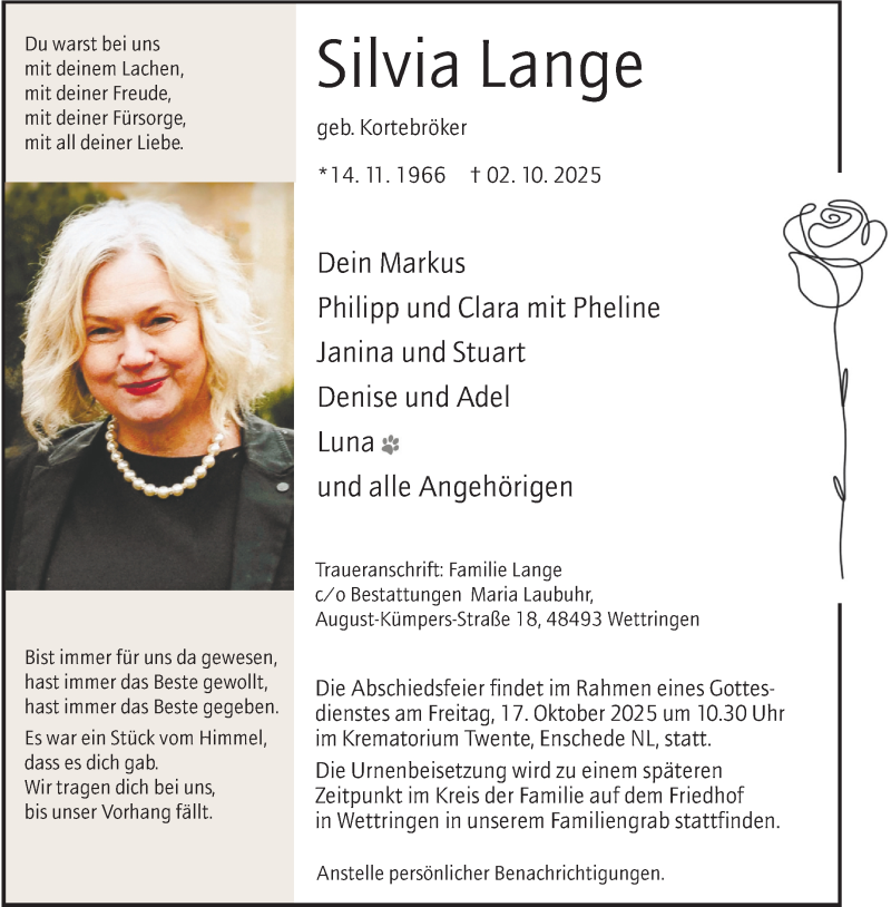  Traueranzeige für Silvia Lange vom 08.10.2025 aus 