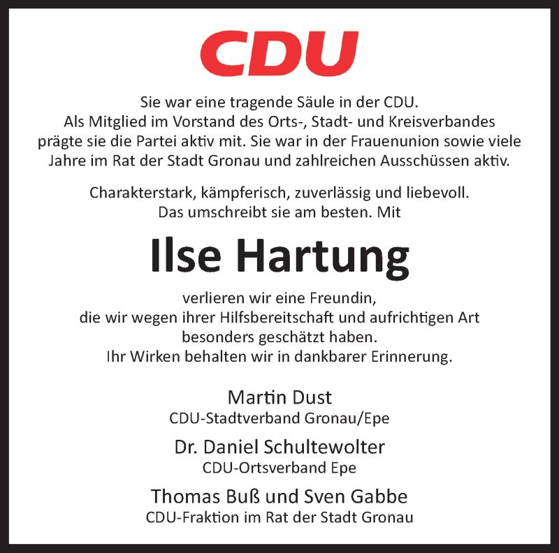 Traueranzeige für Ilse Hartung vom 11.10.2025 aus 