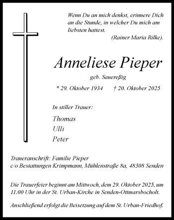 Anzeige von Anneliese Pieper 