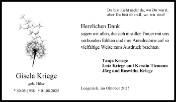 Anzeige von Gisela Kriege 