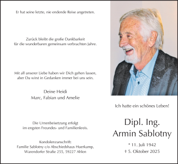 Anzeige von Dipl. Ing. Armin Sablotny 