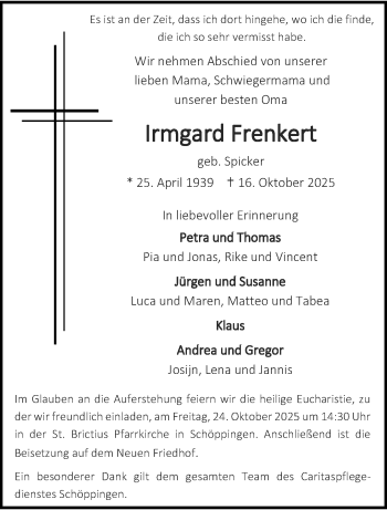 Anzeige von Irmgard Frenkert 