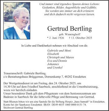Anzeige von Gertrud Bertling 