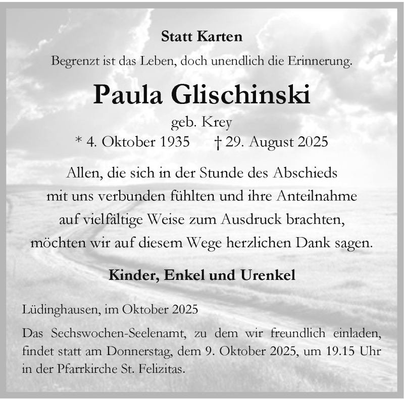  Traueranzeige für Paula Glischinski vom 04.10.2025 aus 