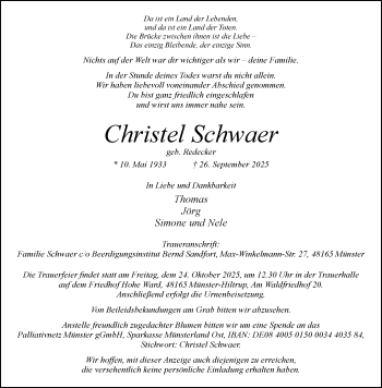 Anzeige von Christel Schwaer 
