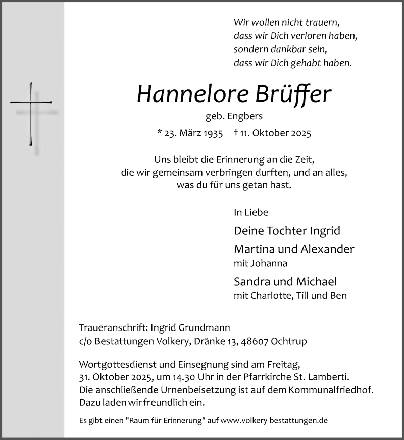  Traueranzeige für Hannelore Brüffer vom 16.10.2025 aus 