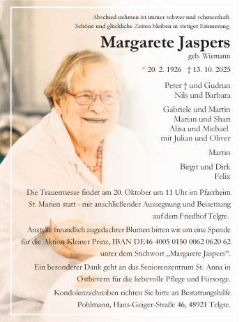 Anzeige von Margarete Jaspers 