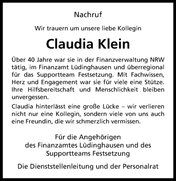 Anzeige von Claudia Klein 
