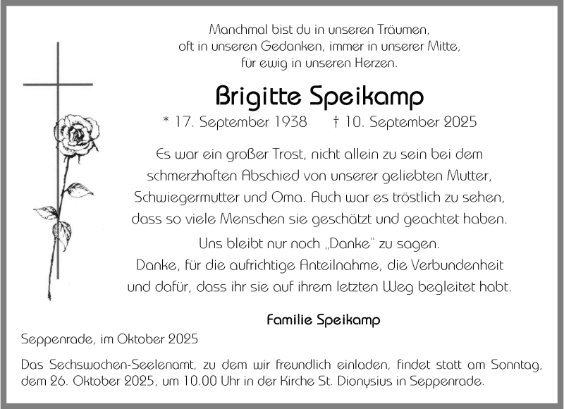  Traueranzeige für Brigitte Speikamp vom 22.10.2025 aus 