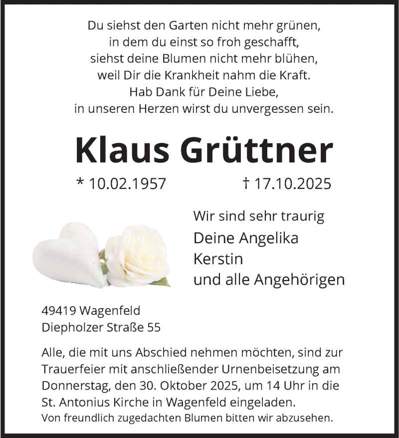  Traueranzeige für Klaus Grüttner vom 24.10.2025 aus 