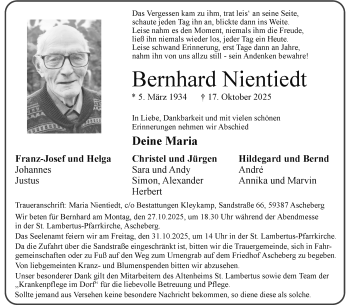 Anzeige von Bernhard Nientiedt 